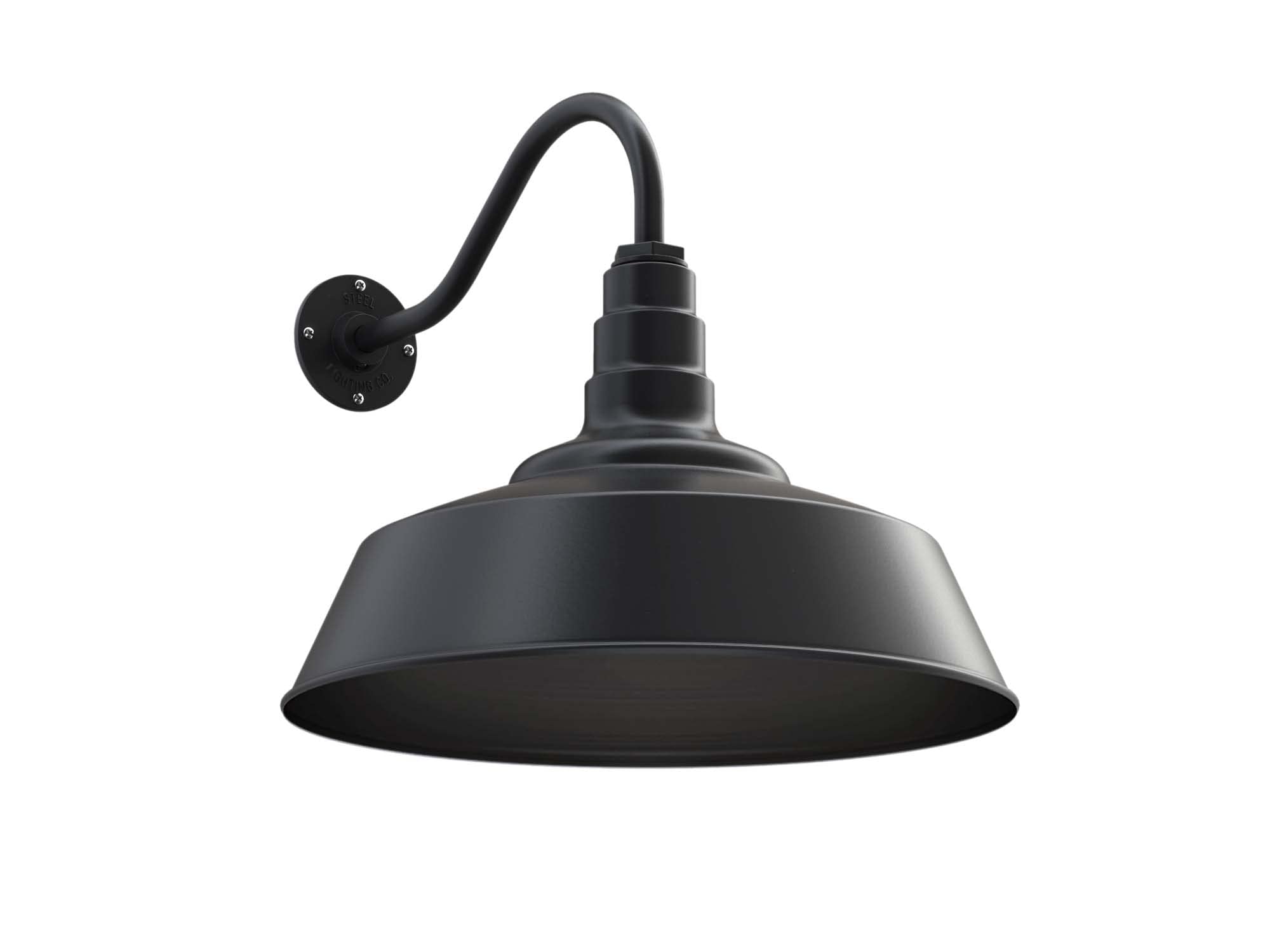 Steel Lighting Co. Redondo Barn Light, 20in Dome, 16in Gooseneck, Alloy Steel, Matte Black, Model S20, Outdoor Wall Mounted