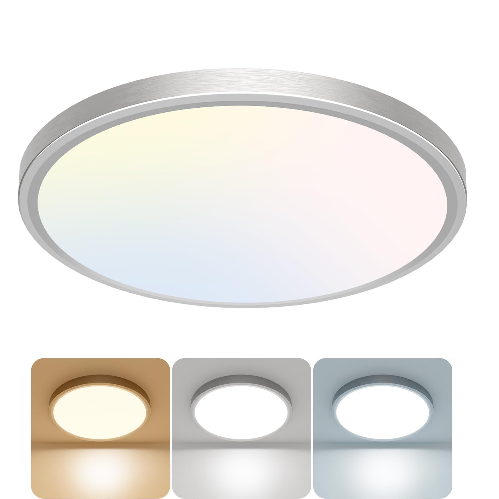 libtit 12 inch Flush Mount LED Ceiling Light Fixture, 3000K 4000K 6500K Adjustable, 28W 3200lm Brushed Nickel Satin Round Lighti