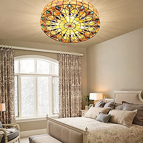 Vintage Tiffany Ceiling Light Hand-Made Colorful Chandelier Flush Mount Lighting Fixture, Lampshade With Colorful Design Decor (