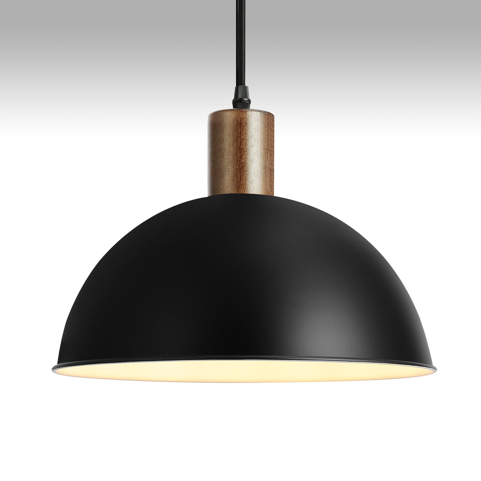 12 Inch 1-Light Solid Wood BlackPendant Lights, Modern Hammered Metal Shade Lighting, Large Hanging Light,Adjustable Industrial 