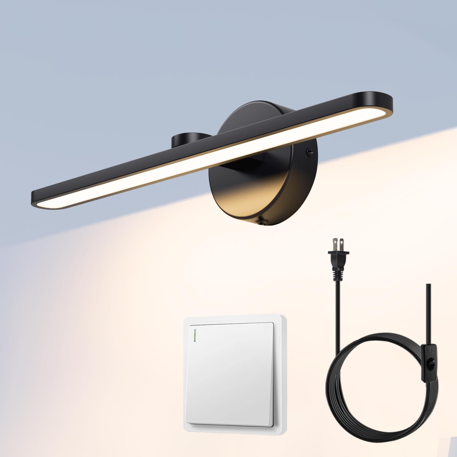 Mantolite Led Vanity Lighting Fixtures, 15.75 Inch Wall Mounted Plug In Light Fixtures, Bathroom Over Mirror Lamp Modern Home Wall Picture Lamps Sconces, 12W 3000K Black Make-Up Mirror Front Lamps