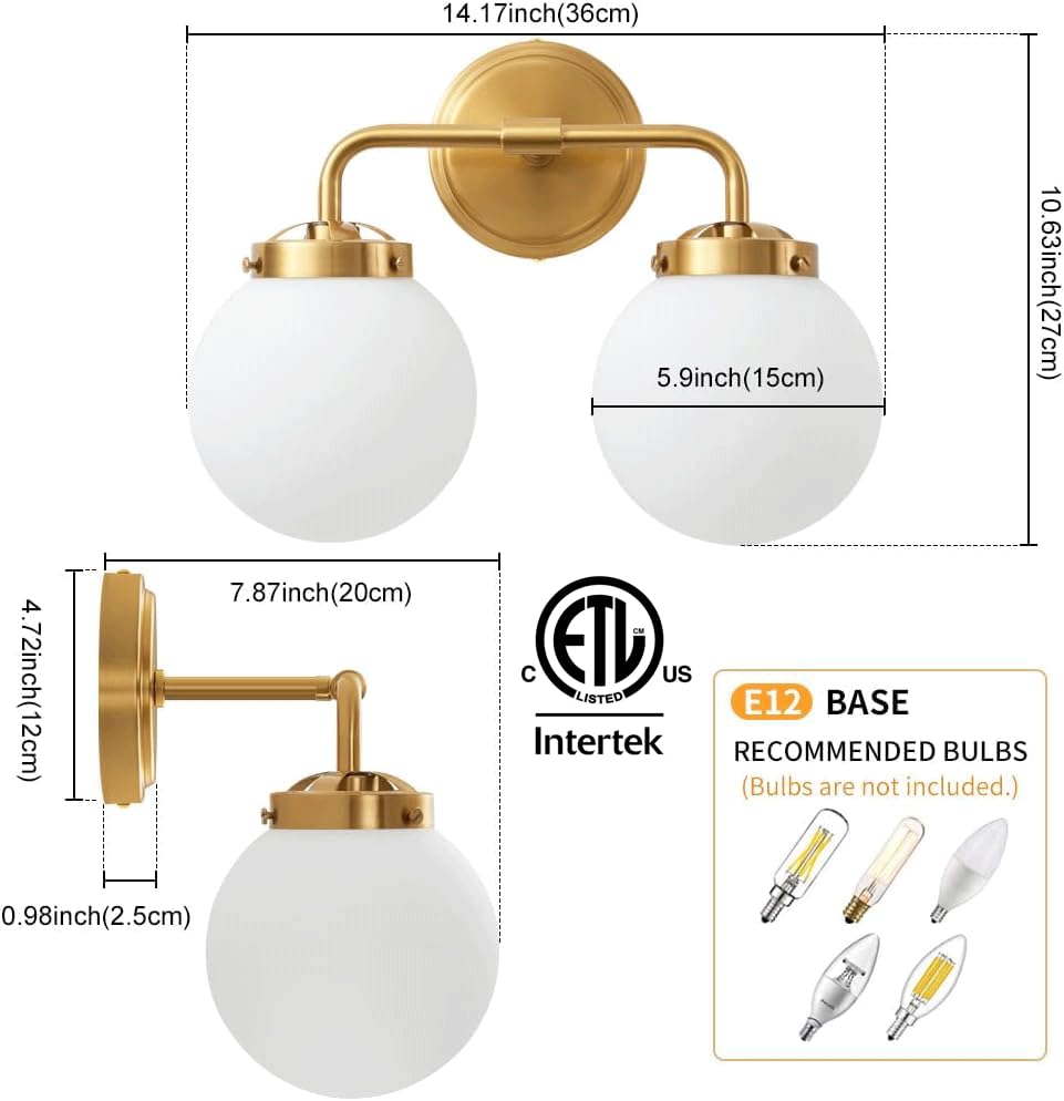 Deyidn Bathroom Vanity Light Fixtures, Modern Brass Gold, 2 Lights, Milk White Shades, Model 1758