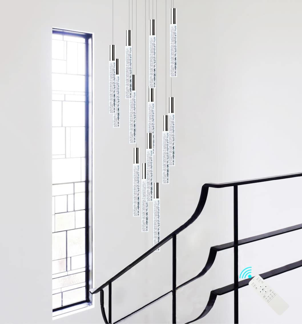 Haixiang 118 Inch Long Light Glam Chandelier Bubble Crystal Linear Ceiling Pendants Remote Dimmable Led Light High Ceiling Light Fixtures Adjustable Long Lights 12-Lights Silver Lamp