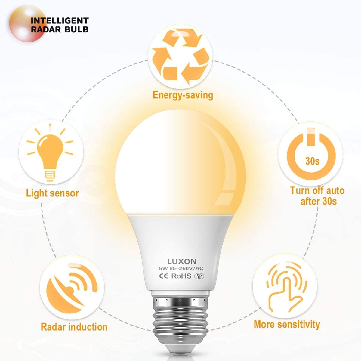 LUXON Motion Sensor Light Bulb, 5W LED Dusk to Dawn, E26 Base, 2700K Warm White, Auto On/Off, 2 Pack