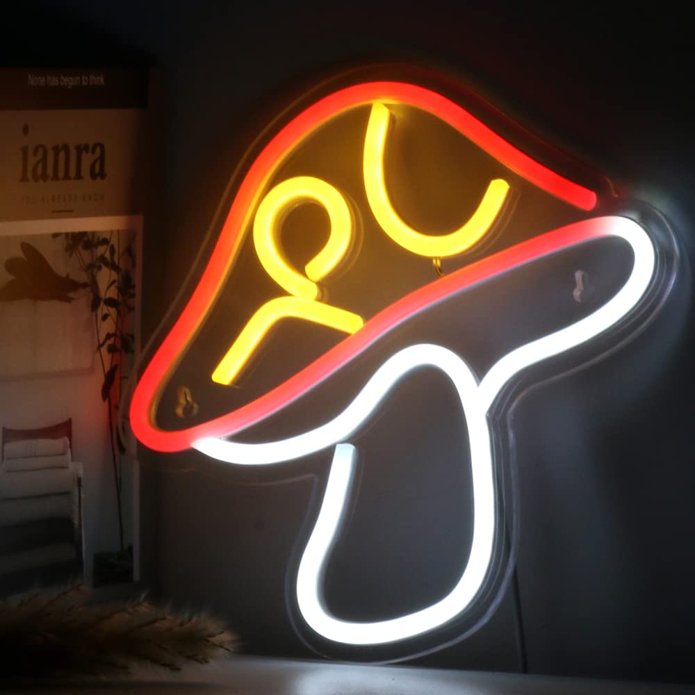 Chi-buy LED Neon Mushroom Sign, USB Powered Night Light, Acrylic, Red White, Model 0.1, Cute Wall Art for Kids Room