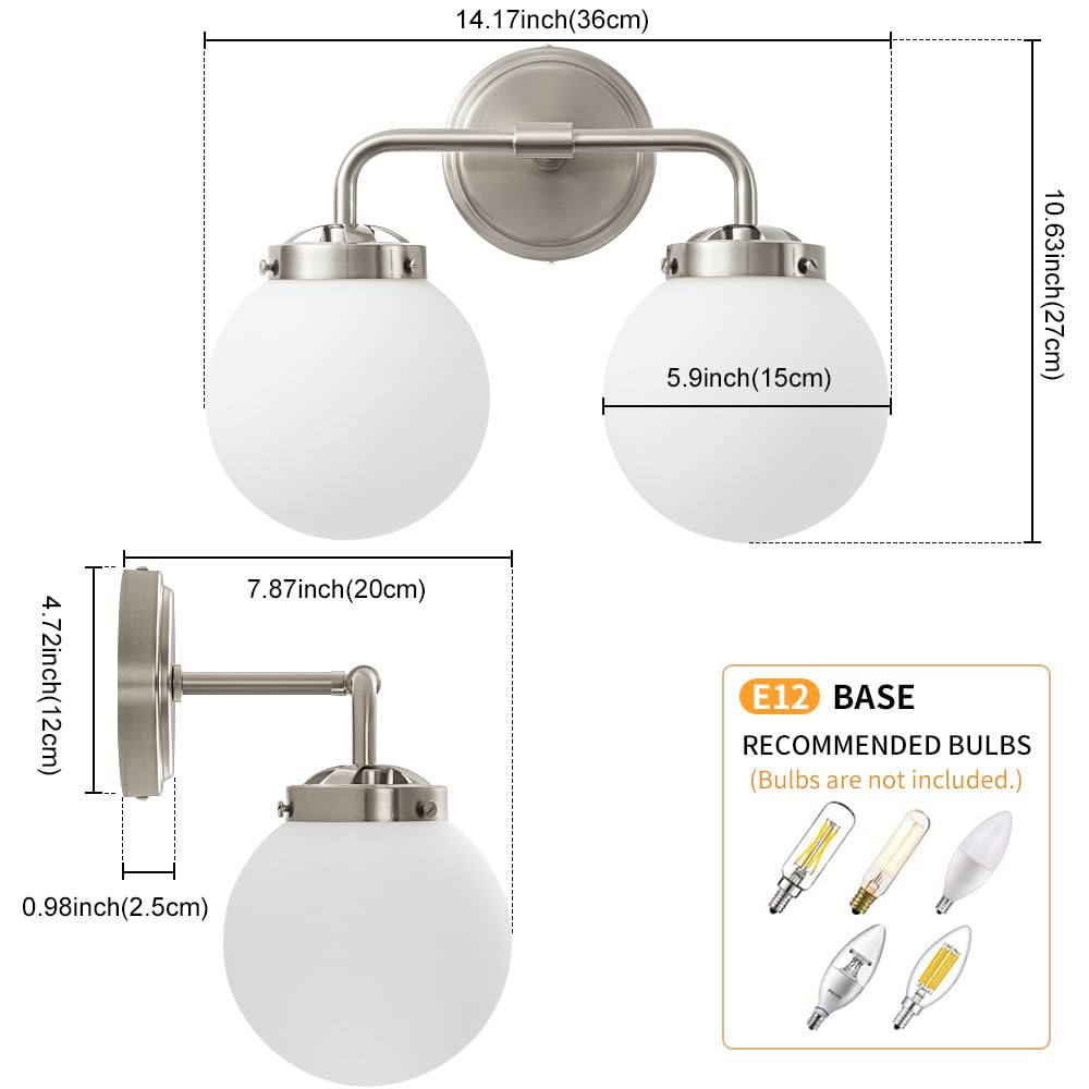 Deyidn Bathroom Light Fixtures Over Mirror, Brushed Nickel Modern Vanity Lighting With Milk White Glass Globe Shades 2-Light Far