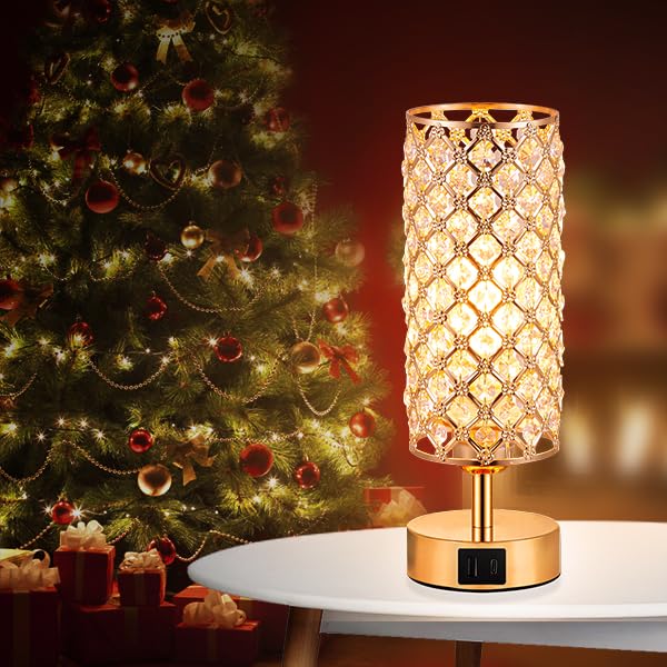 Crystal Table Lamp, Gold Lamp For Bedroom With Usb-C Usb-A Charging Ports, 3 Way Dimmable Light With Crystal Lampshade, Bedside