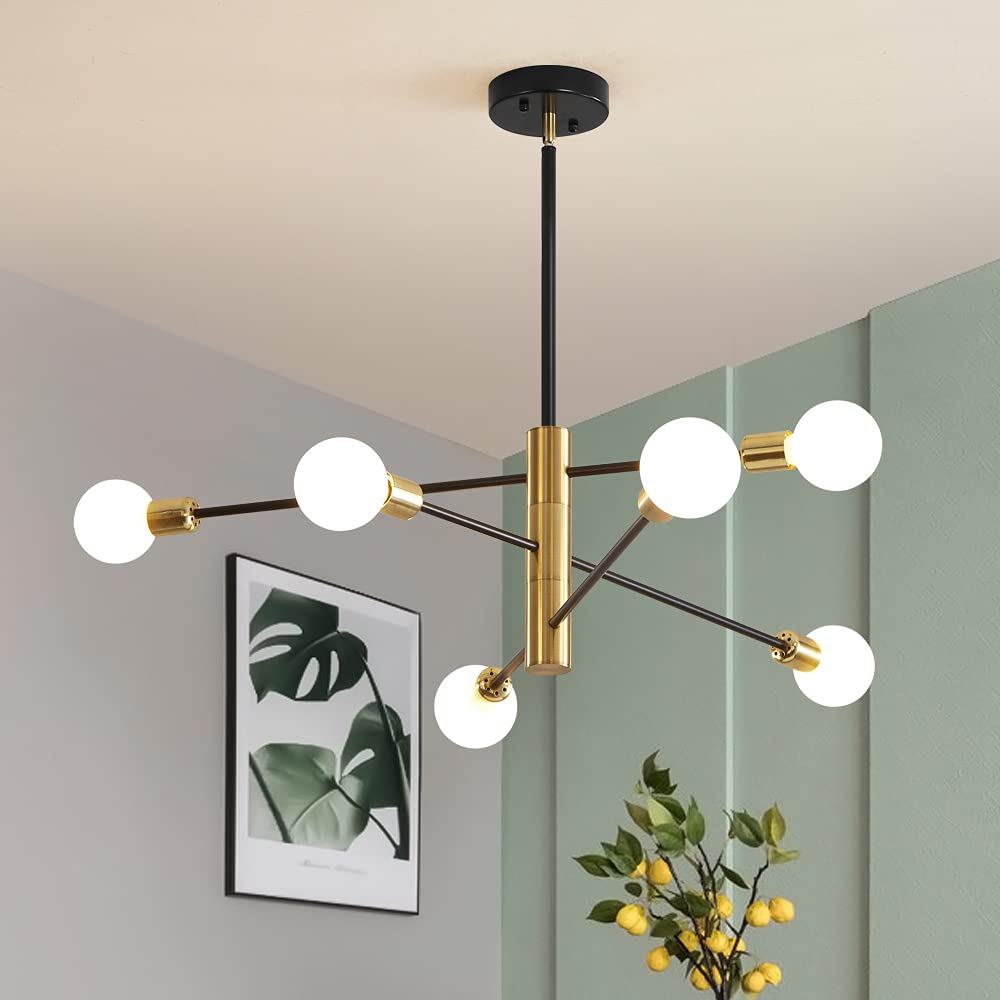 Deyidn Sputnik Chandelier - Mid Century Modern 6-Light Pendant Lighting In Black Gold