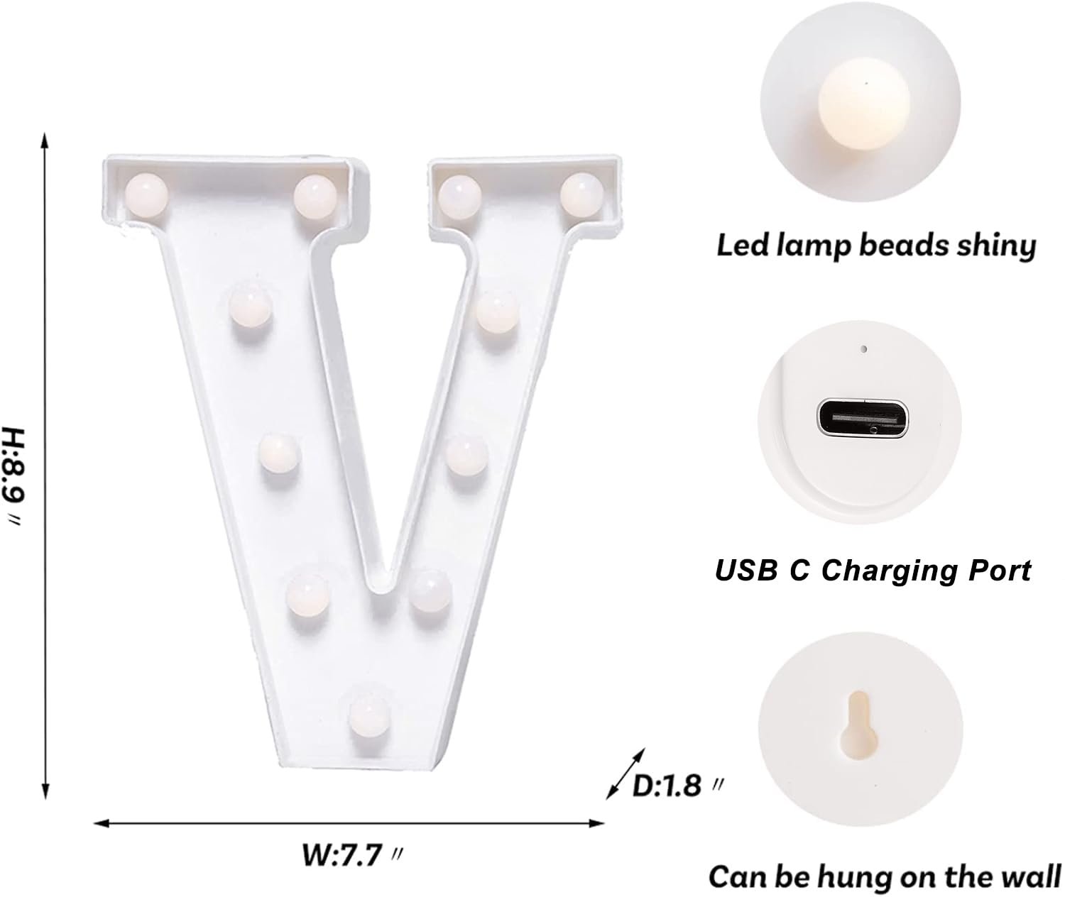 Foaky LED Letter Lights Sign, Rechargeable Warm Light for Home Bar Decoration, Size V, Plastic, Model Recharge-ABS