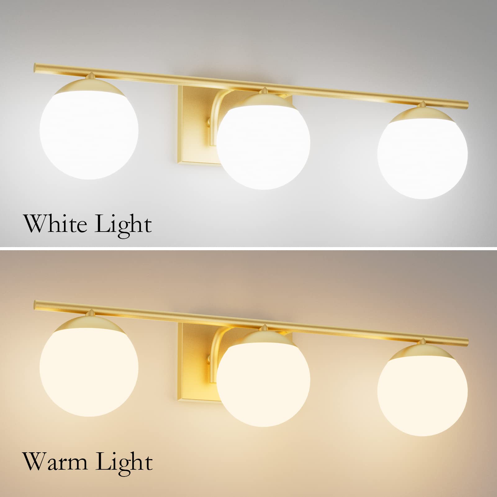 Ralbay Gold Vanity Lights - 3-Light Mid Century Modern Wall Lights, Metal, Milky Glass Globe, Model 1167, A-Gold