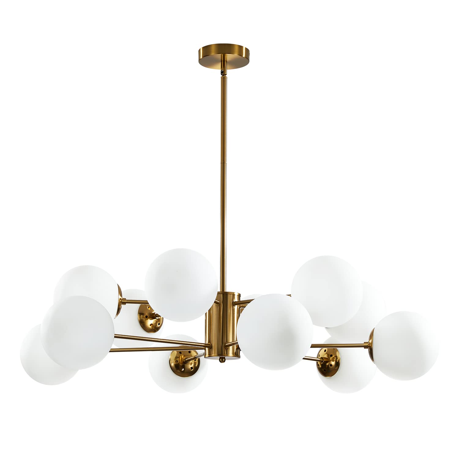 KCO 12-Light Glass Globe Sputnik Chandelier Brushed Brass Metal Fixture L1085-12-Head Gold+White