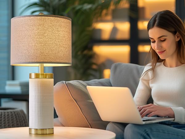 Usumkky 24.5" Modern Ceramic White Single Bedside Lamp For Bedroom Decor Farmhouse Table Lamp For Living Room Office Dorm