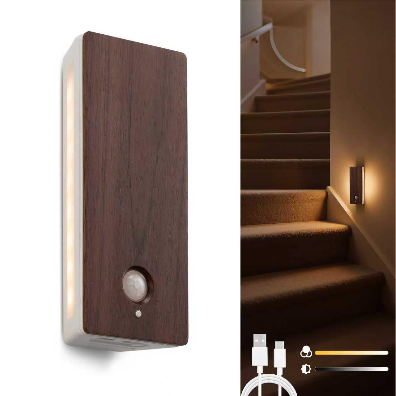 Vadifula Wooden Motion Sensor Night Light, LED Backlit Nightlight, Rechargeable Light with Two-Sided Glow for Decor, Magnetic St