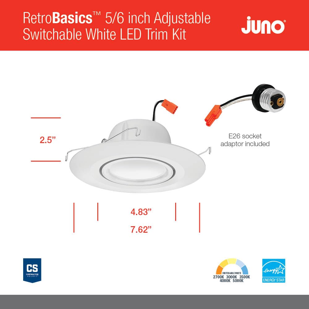 Juno Adjustable LED Downlight Trim Kit, 5/6-Inch, Switchable CCT 2700K-5000K, Baffle, Model RB56A SWW5 MW M