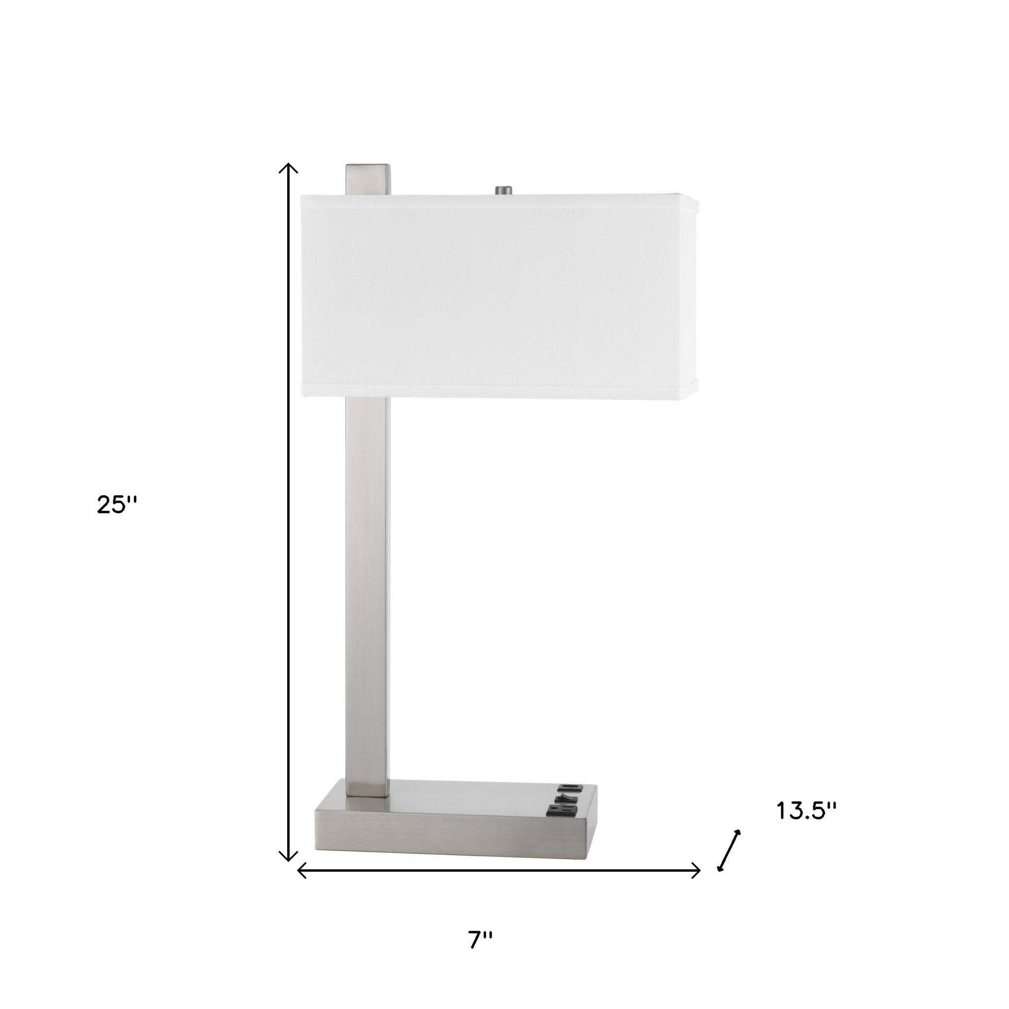 Homeroots Metal Desk Lamp - 25 In. Usb Table Lamp With White Rectangular Shade, Model 524761, Nickel Finish