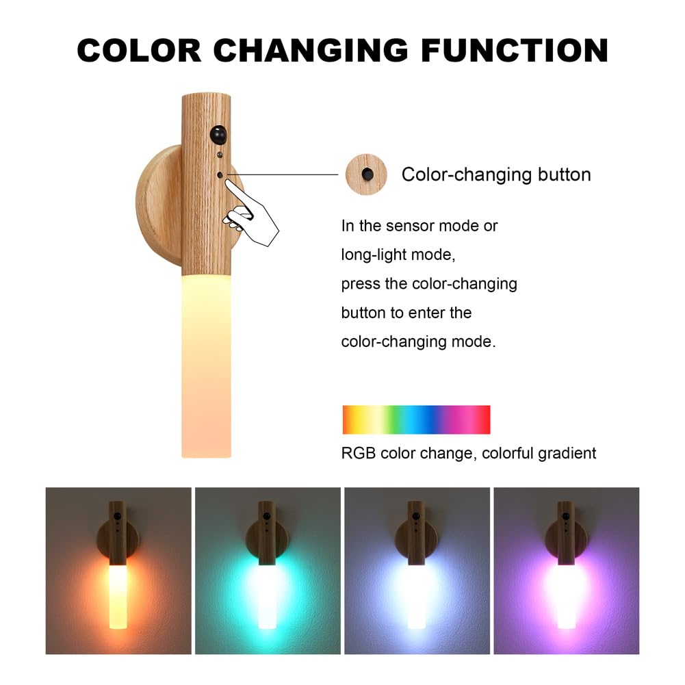 Landgoo Rgb Motion Sensor Night Light, Color Changing Atmosphere Lamp, Battery Powered Rechargeable Led Wood Wall Sconce For Hom
