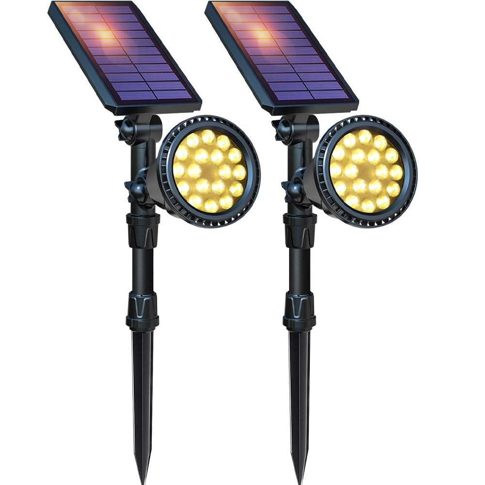 DBF Solar Spot Lights, Warm Light, 2.5W Solar Panel, 18 LED, Waterproof, 2 Pack, Yellow