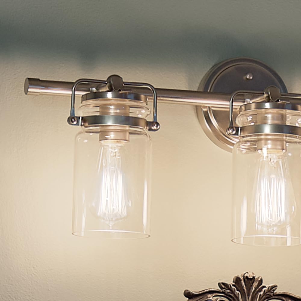 Kichler Brinley 24" 3-Light Vanity Light, Brushed Nickel, Clear Glass, Model 45689NI, Farmhouse Style