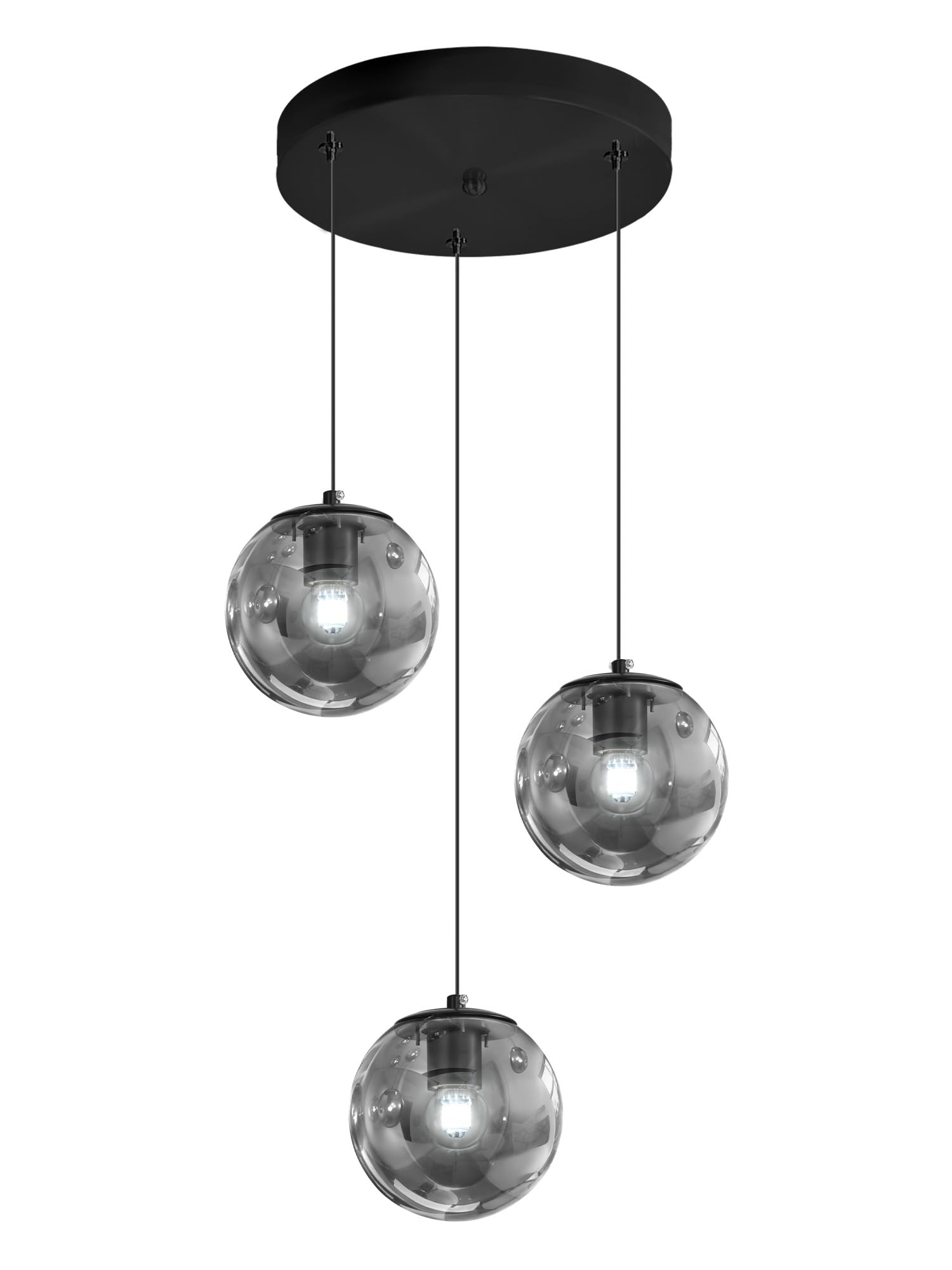 ykolupty 3-Light Black Pendant Light, Smoke Gray Glass Globe, Adjustable Hanging Fixture for Kitchen Island, Model TP3016-YH-3H