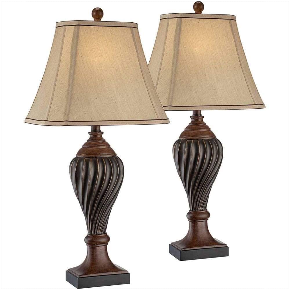 Regency Hill Traditional Style Table Lamp 28.5 Tall Carved Two Tone Brown Urn Shaped Ball Beige Fabric Rectangular Shade for Liv