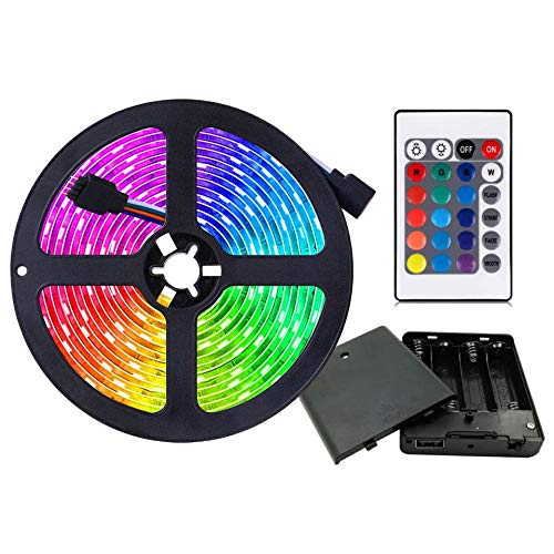 HIKENRI Battery Powered LED Strip Lights, 5050 RGB Color Changing, 3M/9.8FT, 90 LEDs, Flexible Plastic Design