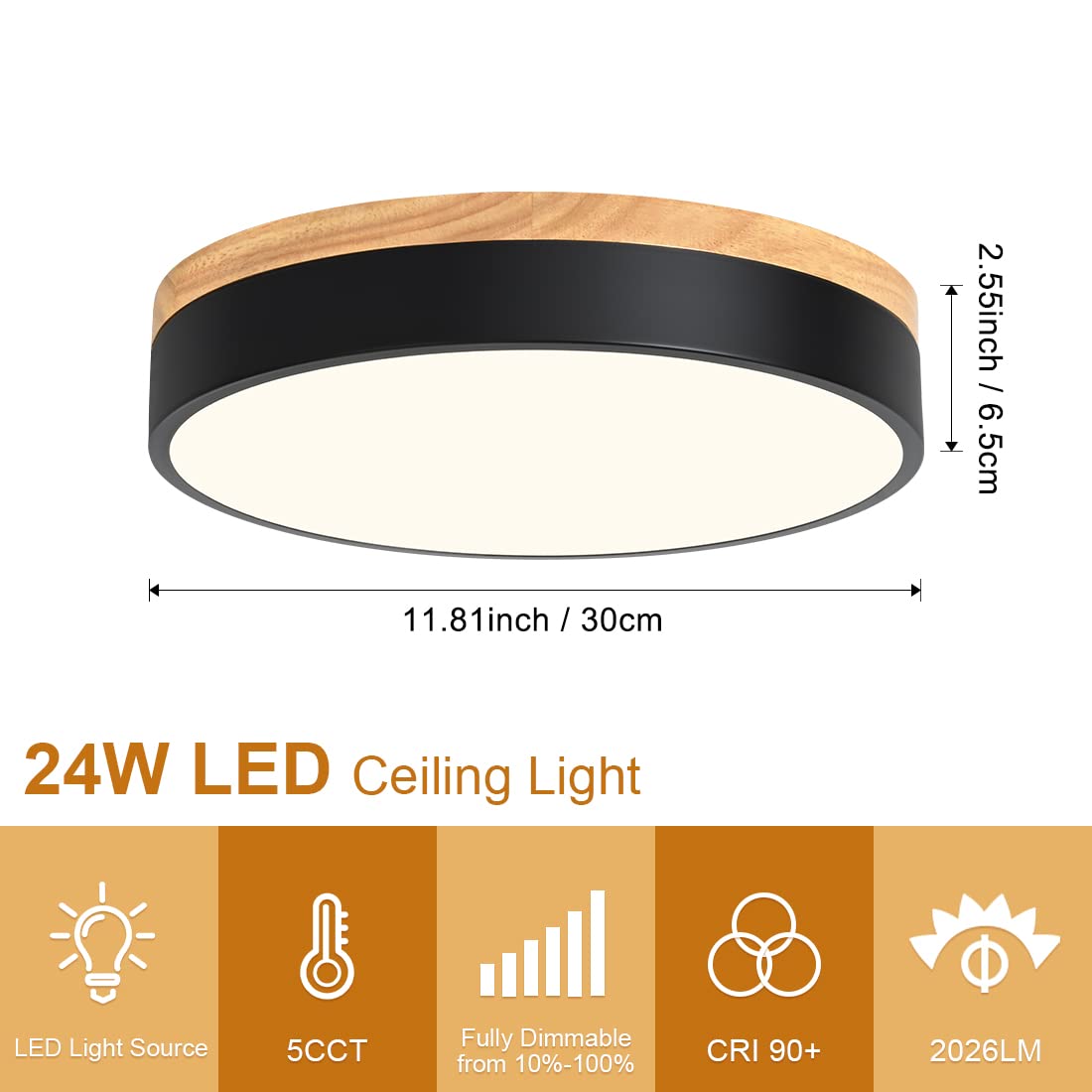 Goomavi Dimmable Wood Led Close To Ceiling Light, Modern 2700K-6000K 5Cct Round Black Flush Mount Ceiling Light Fixtures, Minimalist Ceiling Lamp For Bedroom, Kitchen, Hallway, Laundry Room-11.8In
