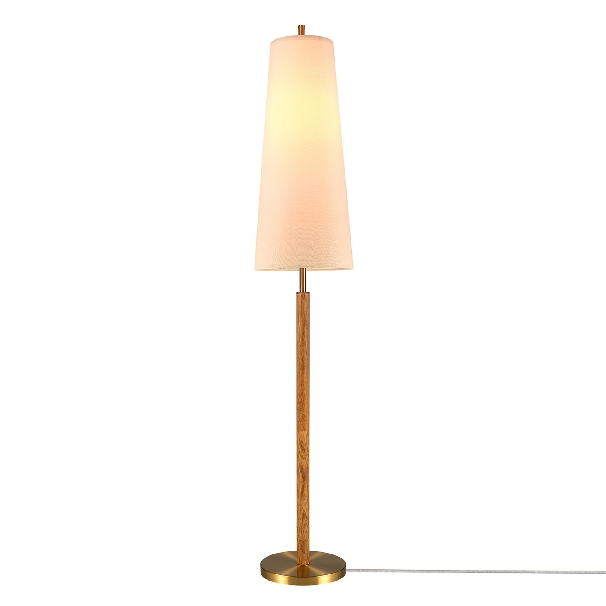 Globe Electric 61000173 63 Floor Lamp, Matte Brass, Wood Toned Accent, Long White Fabric Shade, in-Line On/Off Foot Switch, 6.7-