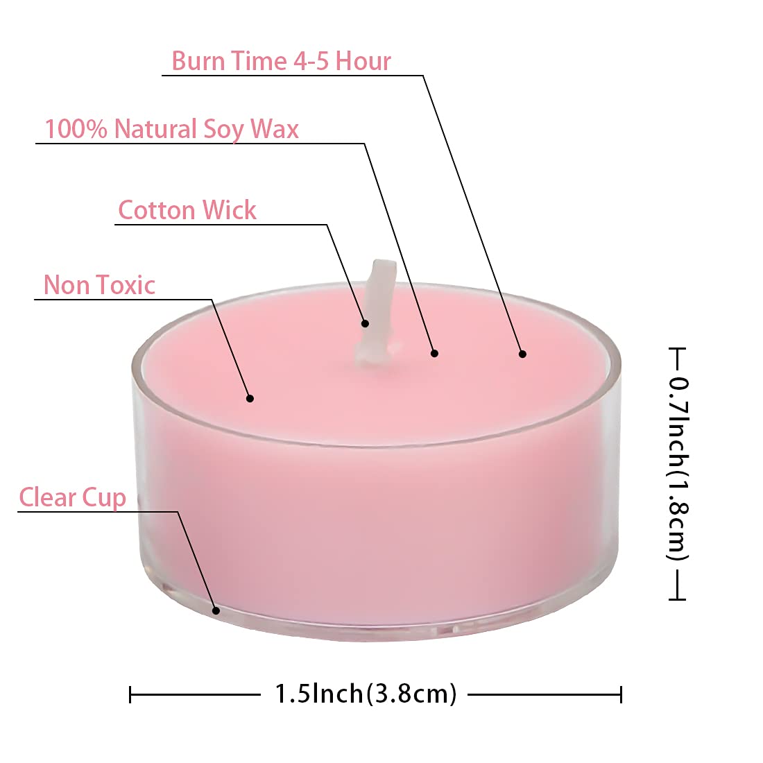 DEYBBY Natural Rose Scented Soy Wax Tealight Candles, 24 Pack, Pink, 4-Hour Burn Time, Model DES1X05B