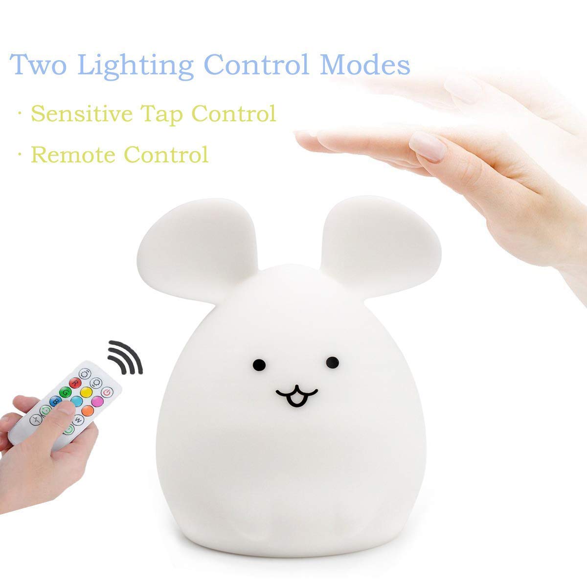 Tianhaixing Rechargeable LED Mouse Night Light, Soft Silicone, Remote & Touch Control, Adjustable Brightness & Colors, White, Model THX885