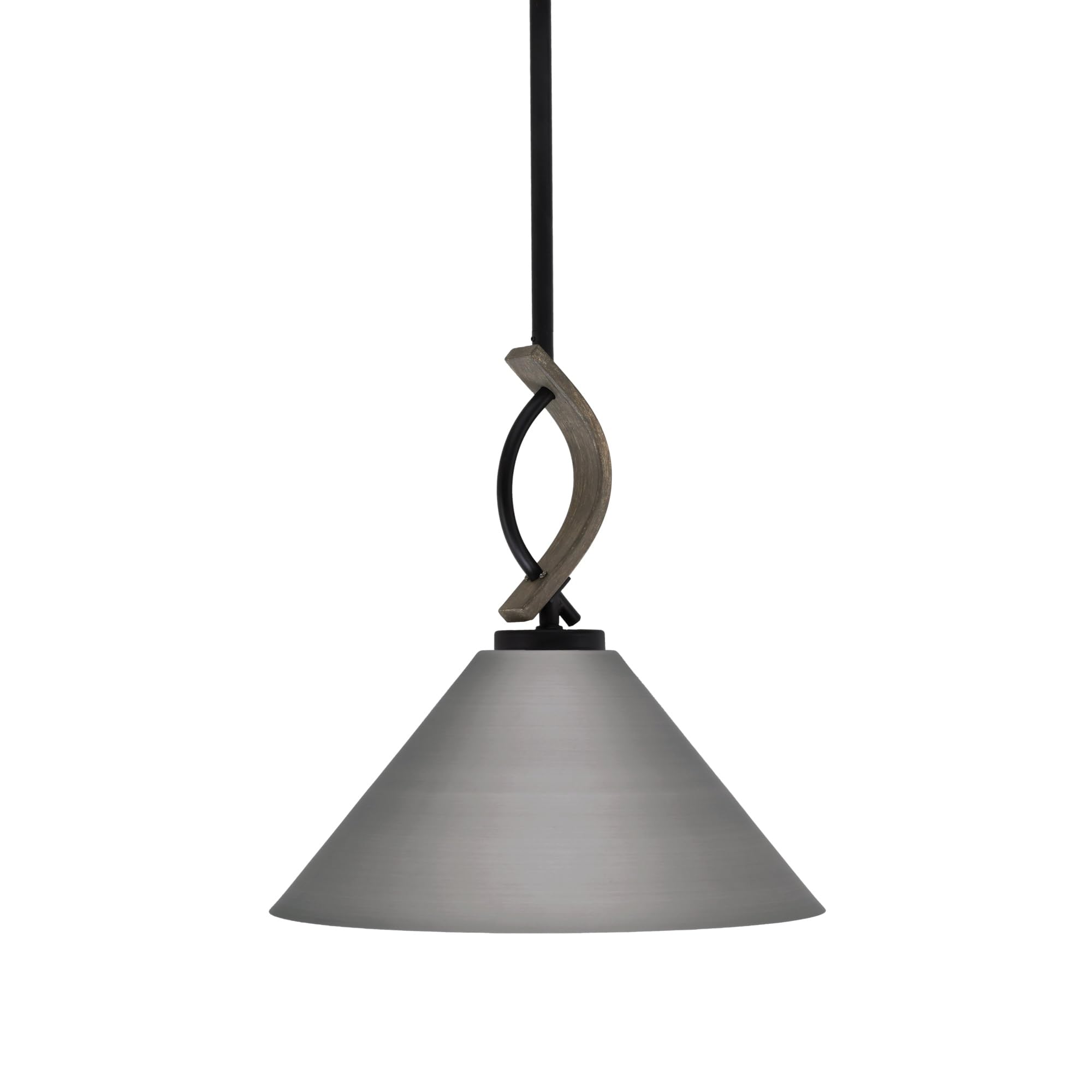 Toltec Lighting Monterey Stem Hung Mini Pendant, Matte Black & Distressed Wood-Look Metal, 14in Brushed Nickel Cone Shade