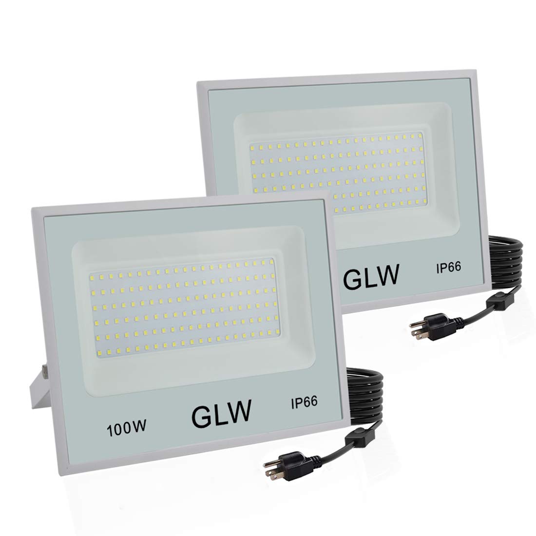 GLW 2 Pack 100W LED Flood Lights Outdoor,10000LM Super Bright Work Light,6000k Daylight White Floodlights with Plug,IP66 Waterpr