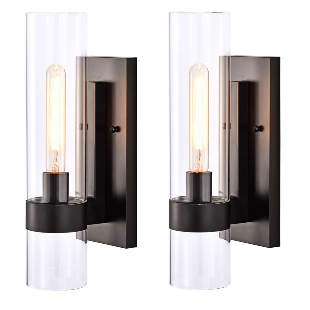 Hyperion House Modern Black Wall Sconces Set of 2, Cylinder Glass Metal Indoor Lighting Fixtures for Bathroom, Bedroom, Hallway, Kitchen