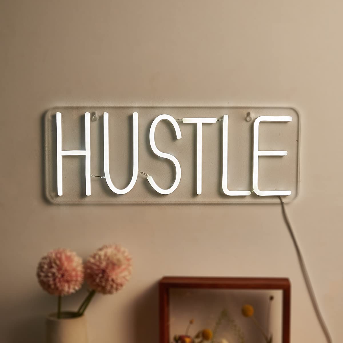Chi-buy LED Neon Sign HUSTLE, USB Powered Wall Lamp, 15.74inx5.9in, White Red Blue, Model LED-NEON