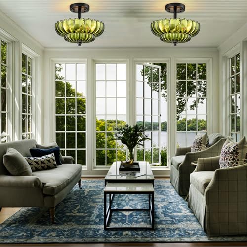 Semi Flush Mount Ceiling Light Fixture  Green Glass 3-Light Modern Vintage Ceiling Lights  Scalloped Close To Ceiling Light  Black Base Flush Mount Ceiling Light For Hallway Bedroom Entryway Kitchen