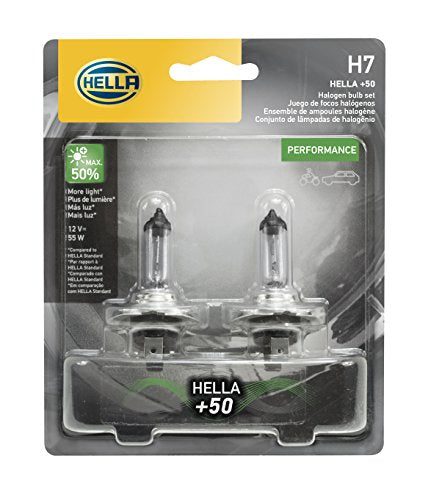 HELLA H7P50TB Performance Bulb, +50% Brightness, 12V 55W, 2 Pack, Silver