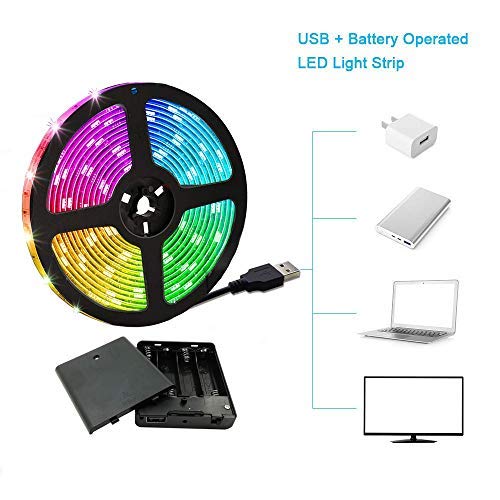 HIKENRI Battery Powered LED Strip Lights, 5050 RGB Color Changing, 3M/9.8FT, 90 LEDs, Flexible Plastic Design