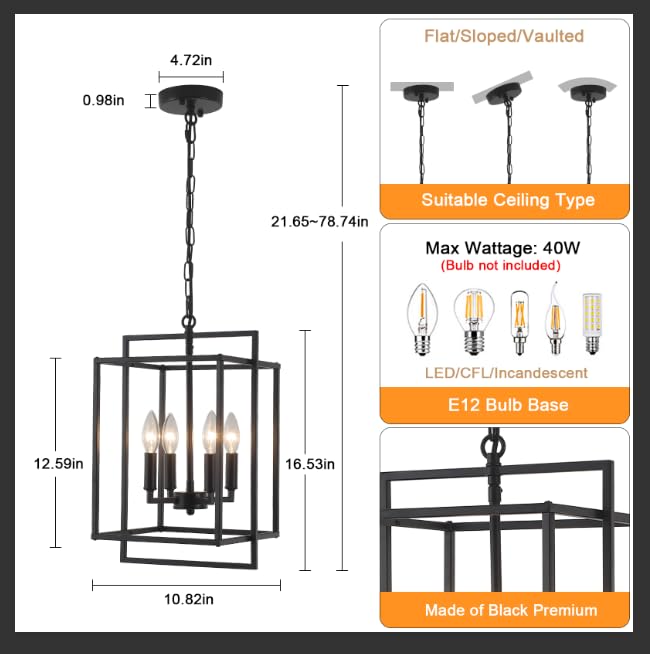 Kostomo 4-Light Black Farmhouse Chandelier Lantern Chandelier Light Fixture For Dining Room Kitchen Island Lighting Modern Penda
