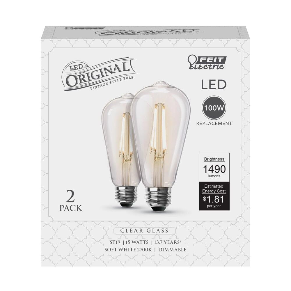 Feit Electric ST19 Filament LED Bulb, Soft White, 100W Equiv, 2 Count, Model ST19100CL927CA2