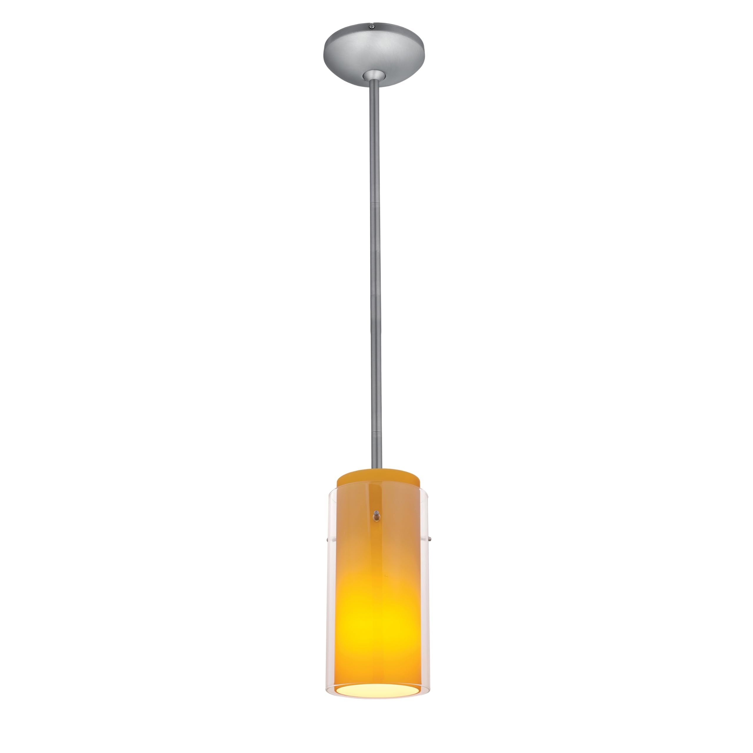 Glass`n Glass Cylinder Pendant - Rods - Brushed Steel Finish - Clear Amber Glass Shade