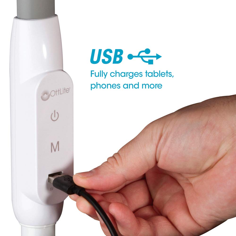 Ottlite Led Floor Lamp With Usb Port & Tablet Stand – Modern White Design, Clearsun Led Standing Light, Usb Charger, Touch Activated Controls, For Crafting, Reading, Work