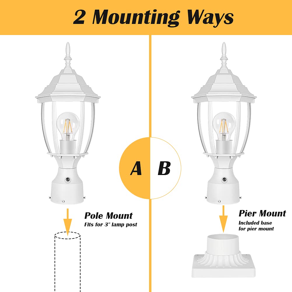 PARTPHONER Outdoor Post Light, Waterproof Aluminum Lantern Fixture, 6 In, White, Model PA1159WS-White, Clear Glass Panels