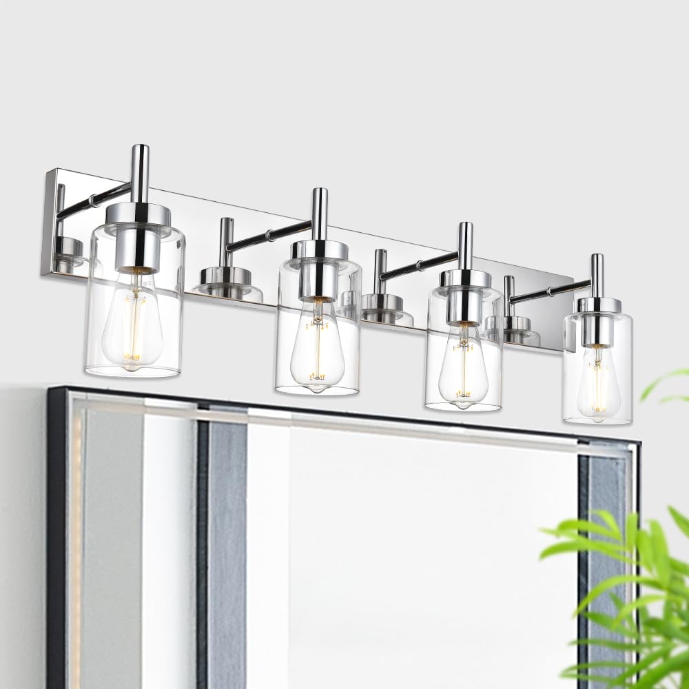 Vinluz Modern Bathroom Lighting With Clear Glass Shade 4-Light Vanity Light Fixtures Chrome Finished Industrial Wall Light Sconc