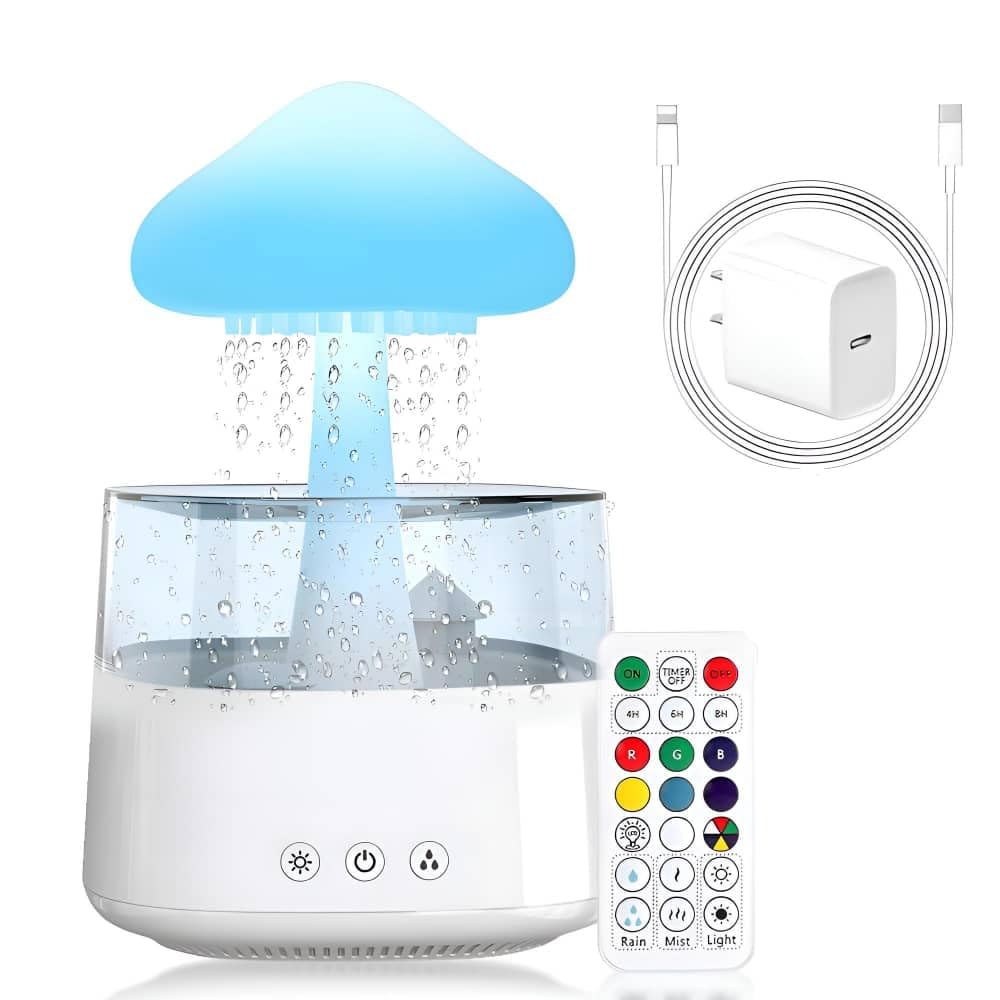 Raining Cloud Night Light with White Noise Remote Control Adapter Desk Fountain Bedroom Living Room for Sleeping Relaxing Gifts 