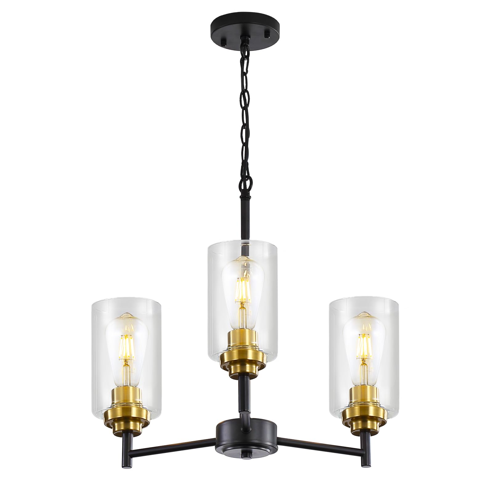 9MMML 3 Lights Black and Gold Chandelier  Modern Glass Ceiling Chandelier Light Fixture for Dining Room  Kitchen  Over Table Foyer  E26 Base