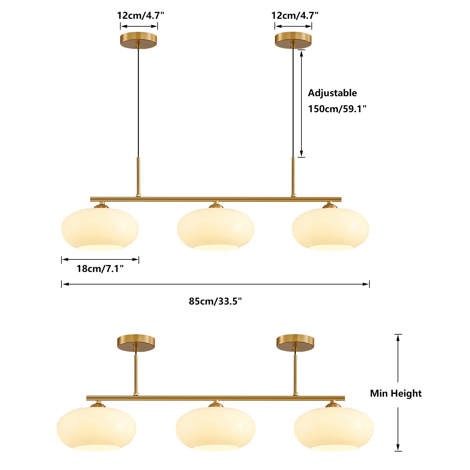 KCO 3 Light Linear Pendant Lighting Milk Glass Brass Gold Modern Chandelier Fixture L1142-G