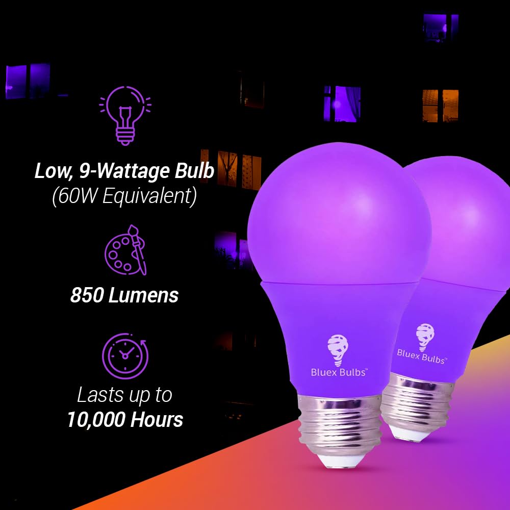 Bluex Bulbs LED A19 Purple Light Bulb, 9W (60W Equivalent), E26 Base, 2 Pack, Perfect for Party & Holiday Decoration, Purple