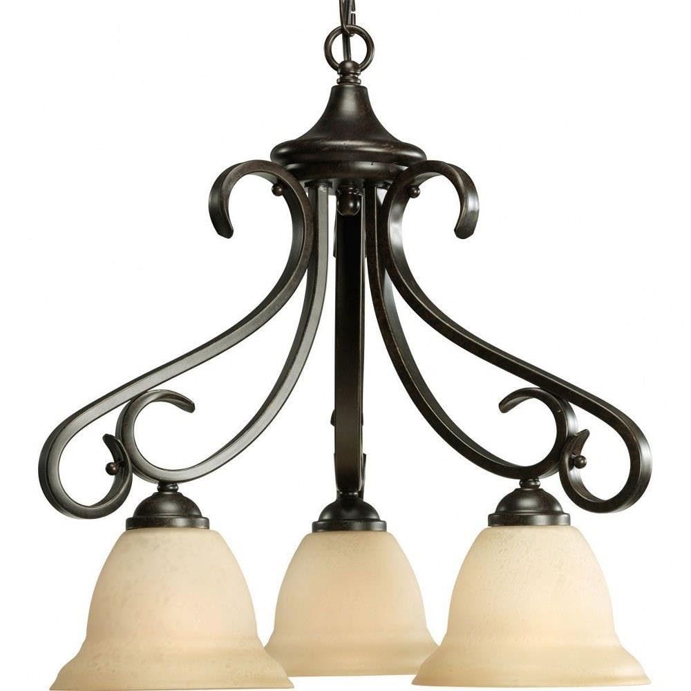 Progress Lighting P4405-77 3-Light Chandelier With Tea Stained Bell-Shaped Glass Bowls And Squared Scrolls And Arms, Forged Bron