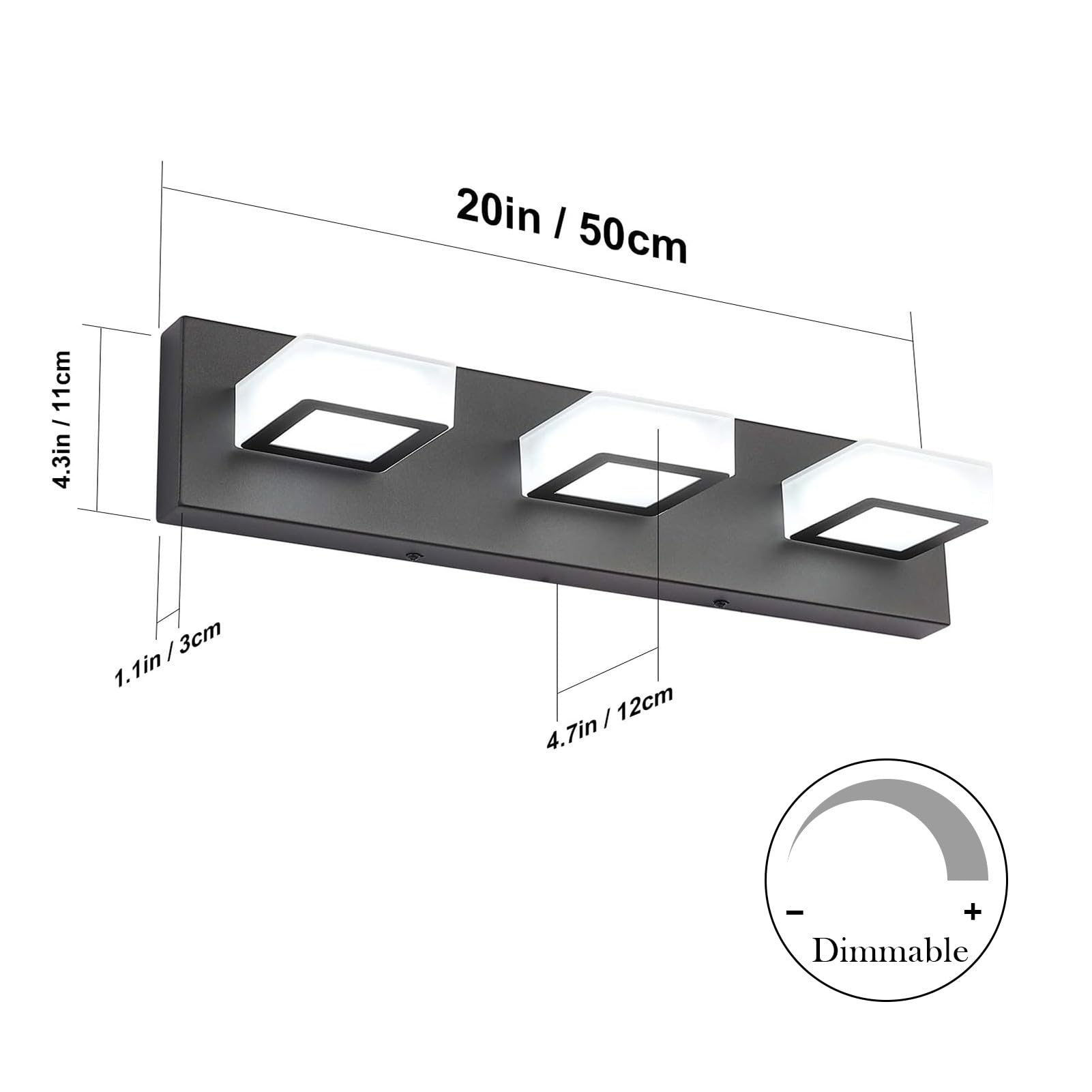 Ralbay Modern LED Bathroom Vanity Lights, 3 Lights, Dimmable, Black, 20 inch, Aluminum, 8590-5 Color Temperature