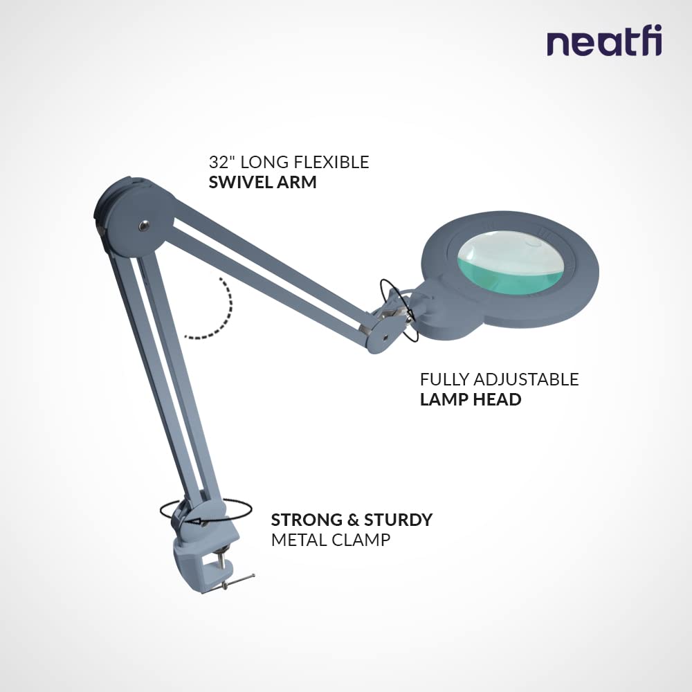 Neatfi Xl Bifocal Led Magnifying Lamp, 5D/20D, 7-Inch Lens, Dimmable, Gray, Adjustable Arm, Model 9006Led-178