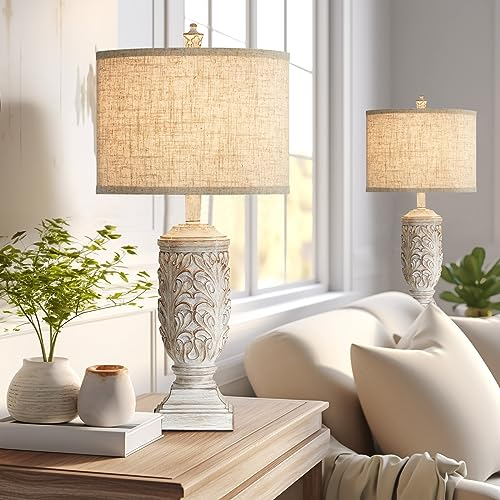 Fullarge Set Of 2 Farmhouse Table Lamps, 27.5&quot; Rustic Usb Nightstand Lamp, White Resin